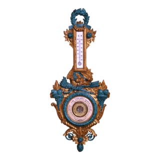 19th Century French Louis XVI Carved Painted and Gilt Barometer Thermometer For Sale