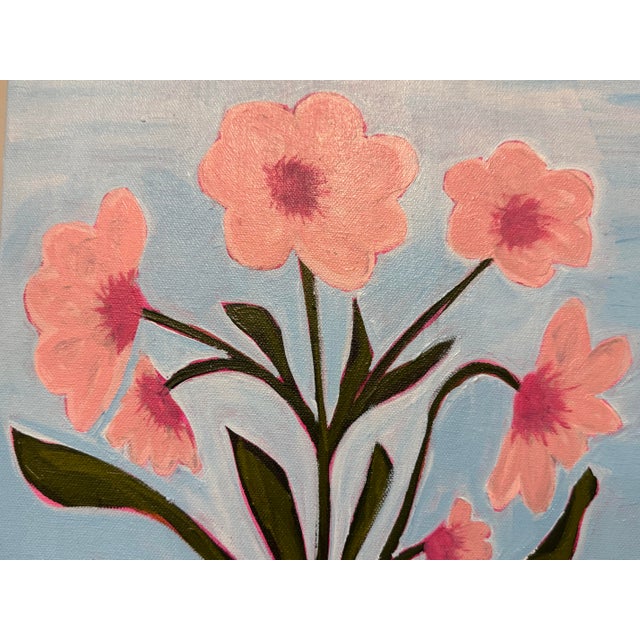 Contemporary Modern Abstract Floral Folk Art Acrylic Painting on Canvas, Signed, Dated For Sale - Image 3 of 4