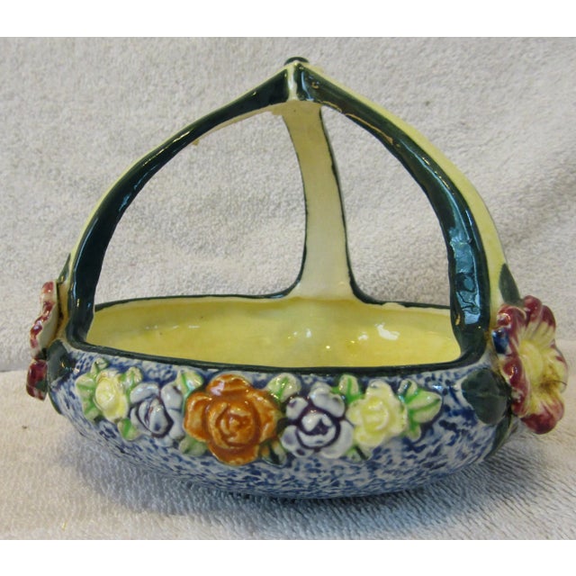 Blue Vintage Japan Triple Handle Hand Made Hand Painted Pottery Floral Bowl For Sale - Image 8 of 13