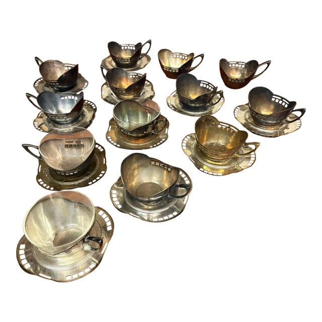 Argentor Vienna Silver Plate Cups and Saucers, Attributed to Josef Ofner 13 Cups, 11 Saucers, 3 Glass Inserts For Sale