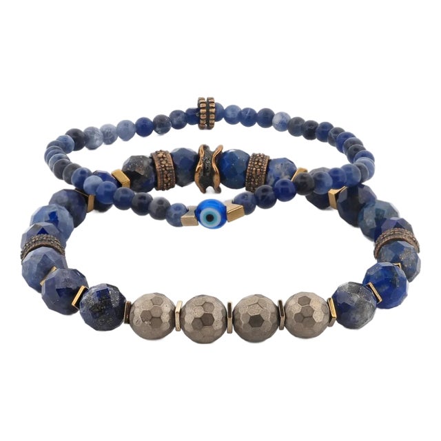 Deep Wisdom Lapis & Evil Eye Beaded Bracelet Set For Sale