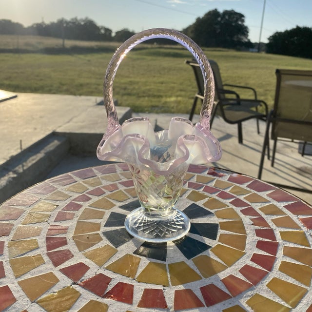 Signed Hand Painted Fenton Art Glass Basket, Pink Opalescent Ruffled Edge, Signed S. Massey For Sale - Image 11 of 16