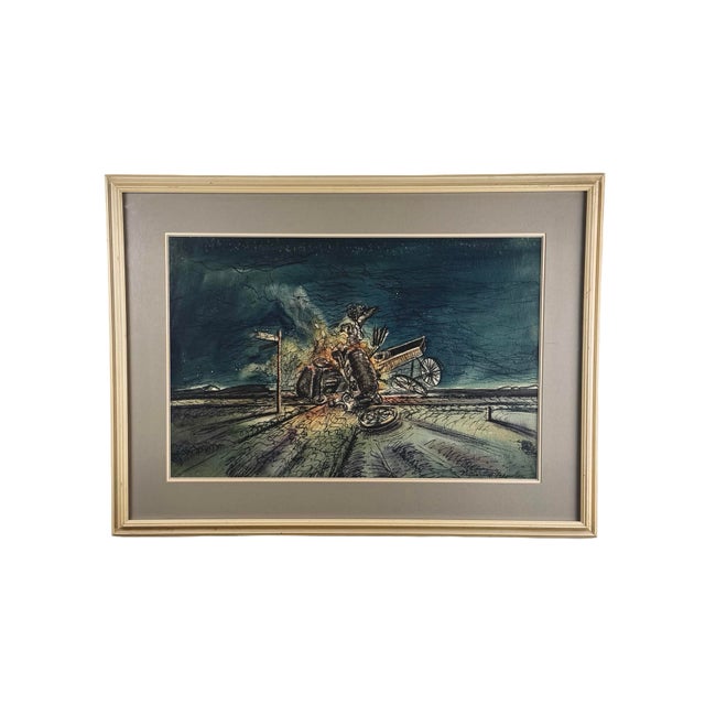 A dramatic signed artwork by American Surrealist artist William Hugh Ferguson (1905–1985), depicting a chaotic horse-drawn...