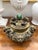 Or are antique or vintage cast brass incense burner with dragons and fu dogs. Green stone finial could be jade, not sure....