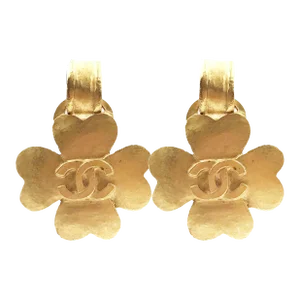 Vintage Chanel Gold Plated CC Clover Clip on Earrings - 2 Pieces