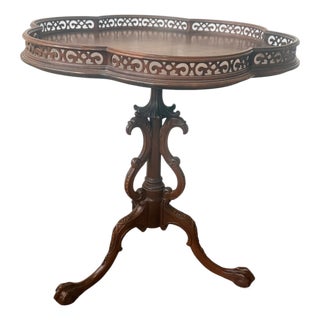 Vintage Mahogany Quatrefoil Occasional Table With Pierced Gallery & Carved Tripod Base For Sale