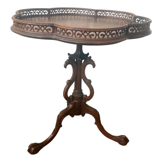 Vintage Mahogany Quatrefoil Occasional Table With Pierced Gallery & Carved Tripod Base For Sale