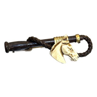 Equestrian Carved Bone, Metal & Leather Horse Head Brooch For Sale