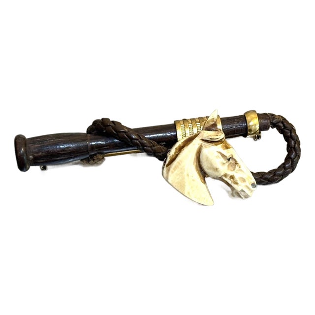 Equestrian Carved Bone, Metal & Leather Horse Head Brooch For Sale