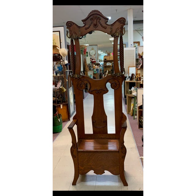 1900s Hall Tree With Original Brass Hooks, Mirror & Storage For Sale - Image 4 of 9