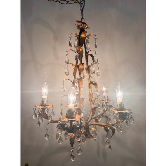 Mid 20th Century Hollywood Regency Gilt Tole Leaf & Crystal 5-Light Chandelier For Sale - Image 12 of 12