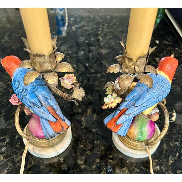 Early 20th Century Pair of Antique French Porcelain Bird Figural Lamps For Sale - Image 5 of 11