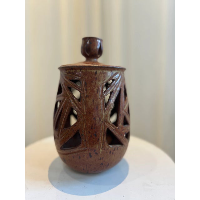 Mid-Century Modern Vintage Ceramic Vase With Lid and Geometric Cutout Design For Sale - Image 3 of 7