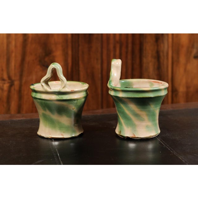 French 19th Century Green and Yellow Glazed Pottery Hanging Planters - A Pair For Sale In Atlanta - Image 6 of 13