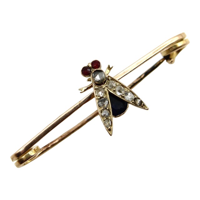 Victorian 9k Gold Fly Pin or Brooch With Diamonds, Rubies, and Sapphire For Sale