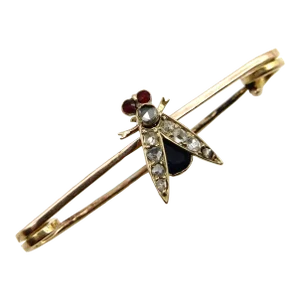 Victorian 9k Gold Fly Pin or Brooch With Diamonds, Rubies, and Sapphire