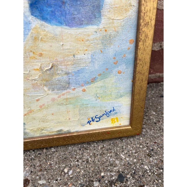 USA, 1981 Painting of an iris in a nice moderate scale and pop of jewel tone color. Signed JB Sanford '81. Nice quality...