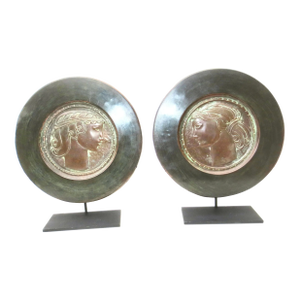Art Deco Male and Female Copper Plaques - A Pair of 2