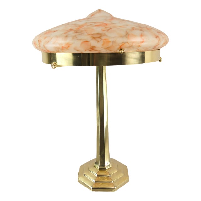 Art Deco Brass Table Lamp with Colored Marbled Glass Shade, Vienna, 1930s For Sale