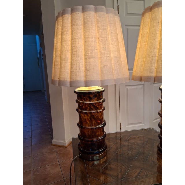 Two Vintage 32" Paul Hanson Amber Tortoiseshell Art Glass & Brass Table Lamp - Original 14" Cloth Shade - Excellent...
