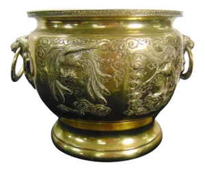 Chinese Hammered & Engraved Brass Jardinière Planter