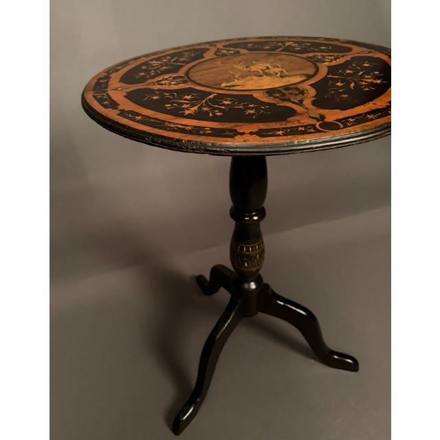 Handmade Swiss Tilt-Top Tea Table With Exotic Wood Inlay, Mother-of-Pearl & Faux Bronze Decoration, Circa 1860 For Sale In Indianapolis - Image 6 of 6