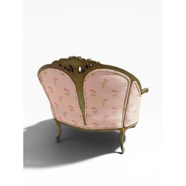 Wood Antique French-Style Settee With Pink & Green Floral Upholstery For Sale - Image 7 of 9