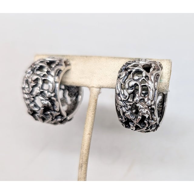 Napier Vintage 1970s Signed Napier Silvertone Openwork Foliate Design Hoop Clip Earrings-2 Pieces For Sale - Image 4 of 7