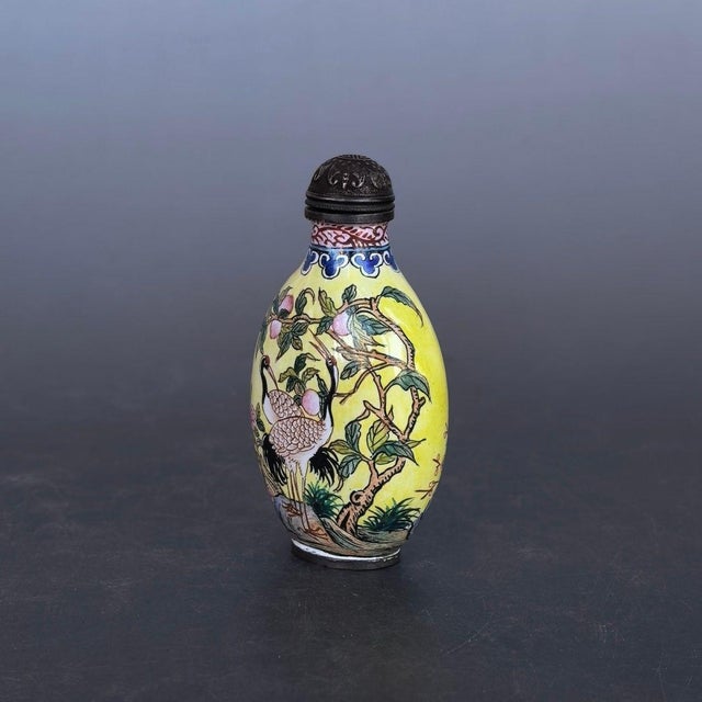 Metal Vintage Painted Enamel on Copper Snuff Bottle – Crane & Peach Motif For Sale - Image 7 of 9