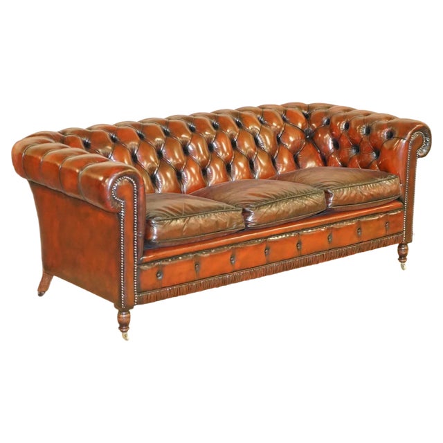 Vintage Oxblood Bordeaux Leather Chesterfield Club Sofa on Turned Legs For Sale