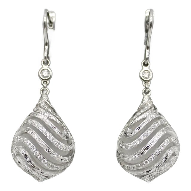 1970s 18k White Gold Diamond Drop Rock Crystal Earrings With Hand Engraved Cage Setting - 2 Pieces For Sale