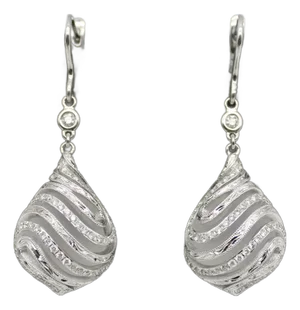 1970s 18k White Gold Diamond Drop Rock Crystal Earrings With Hand Engraved Cage Setting - 2 Pieces