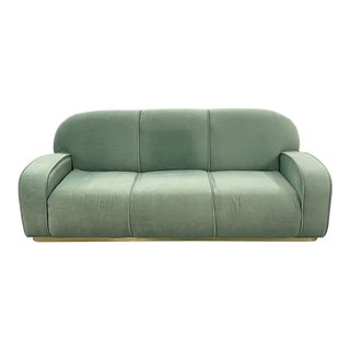 1980s Milo Baughman for Thayer Coggin Postmodern Seafoam Green & Brass Sofa For Sale