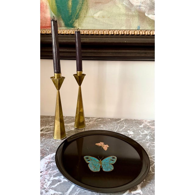 Classic Vintage Mid-Century Modern Couroc of Monterey, Ca Round Tray With a Duo Butterfly Design Hand Inlaid With Multicolored Stones & Brass For Sale - Image 10 of 10