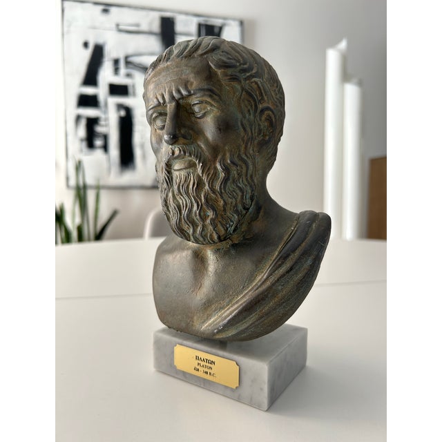 Stone Mid 20th Century Vintage Plaster Bust of Plato, Athenian Philosopher, Atop Marble Base For Sale - Image 7 of 7