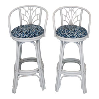 Vintage Mid Century Palm Beach Rattan Bamboo Bar Swivel Stools- A Pair For Sale