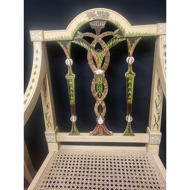 Cream Hand-Painted Caned Armchairs – Pair For Sale - Image 8 of 17