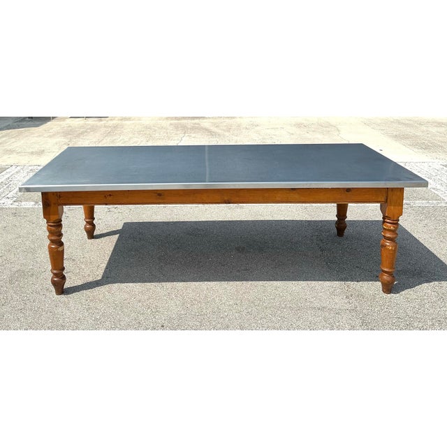 Tan Vintage Plank Farm Table With Custom Stainless Steel Top For Sale - Image 8 of 12
