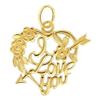 "I Love You' in Heart with Arrow & Flowers with Diamond Cuts 14k Yellow Gold For Sale