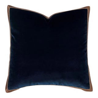 Contemporary Velvet Navy Pillow With Brown Trim For Sale