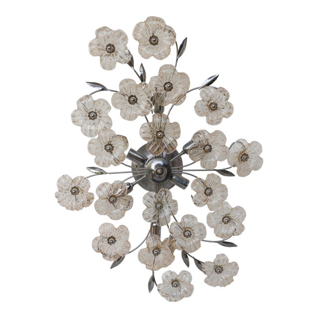 1970s Italian Large Size Gold and Transparent Murano Glass Wall Light or Ceiling Light Flower For Sale