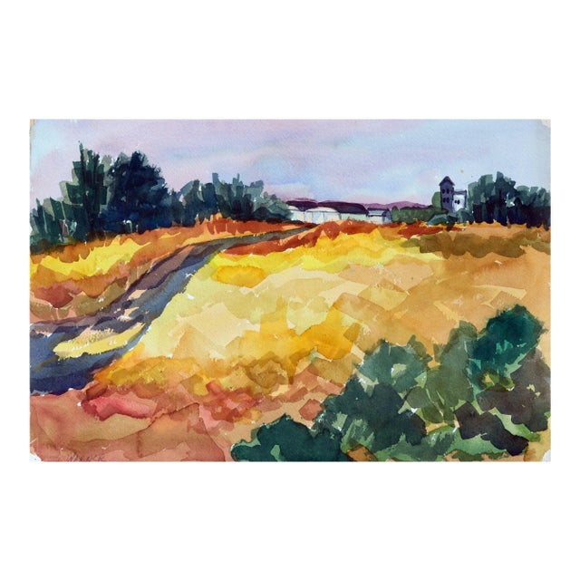 Doris Warner "House on the Hill" Watercolor Landscape 1970s For Sale