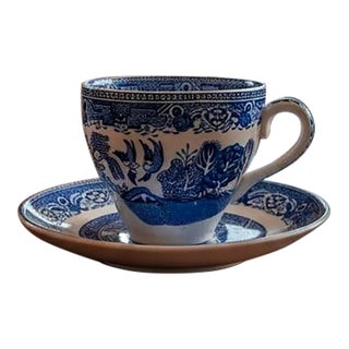 Vintage English Blue Willow Teacup & Saucer, Staffordshire Transferware, Traditional Chinoiserie For Sale