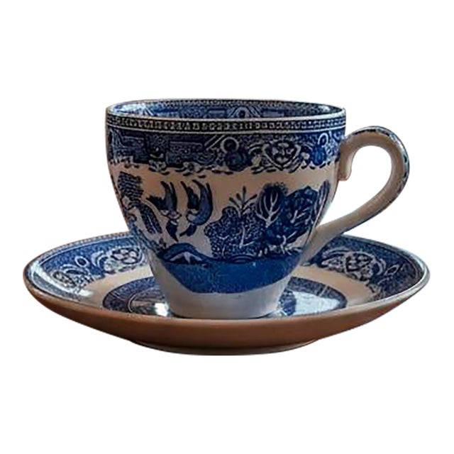 Vintage English Blue Willow Teacup & Saucer, Staffordshire Transferware, Traditional Chinoiserie For Sale