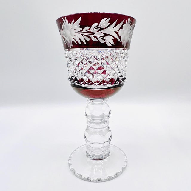 Thick Stem Cut and Etched Crystal Wine Goblets, Bohemia, 1950s, Set of 5 For Sale - Image 4 of 14