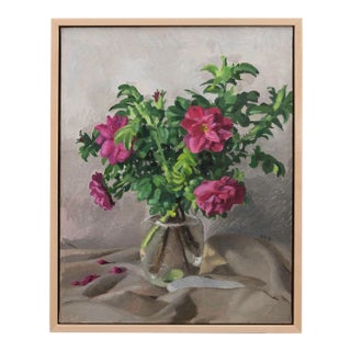 "Moje Hammarberg Roses in a Vase" Contemporary Floral Still Life Oil Painting, Framed For Sale