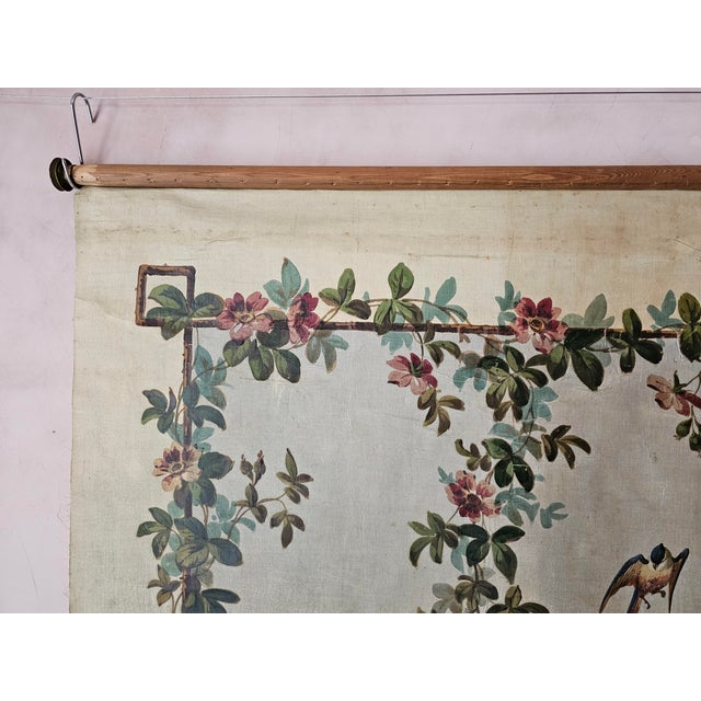 Decorative Window Panel in Fabric with Gouache Print of Garden Motif with Birds and Flowers, 1890s For Sale - Image 9 of 11