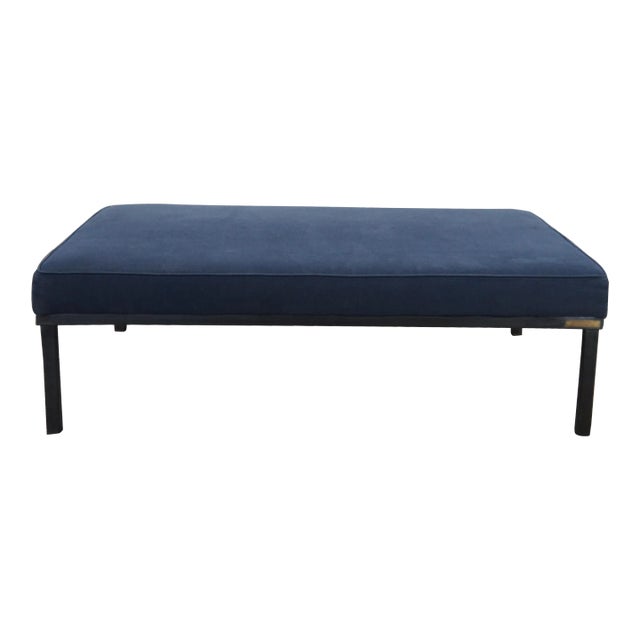 Vintage Parsons Style Minimalist Modern Cocktail Table Blue Ottoman Foot Stool Footrest 61" For Sale