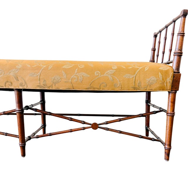 1960s French Regency Faux Bamboo Window Bench in Gold Floral Damask For Sale - Image 4 of 9