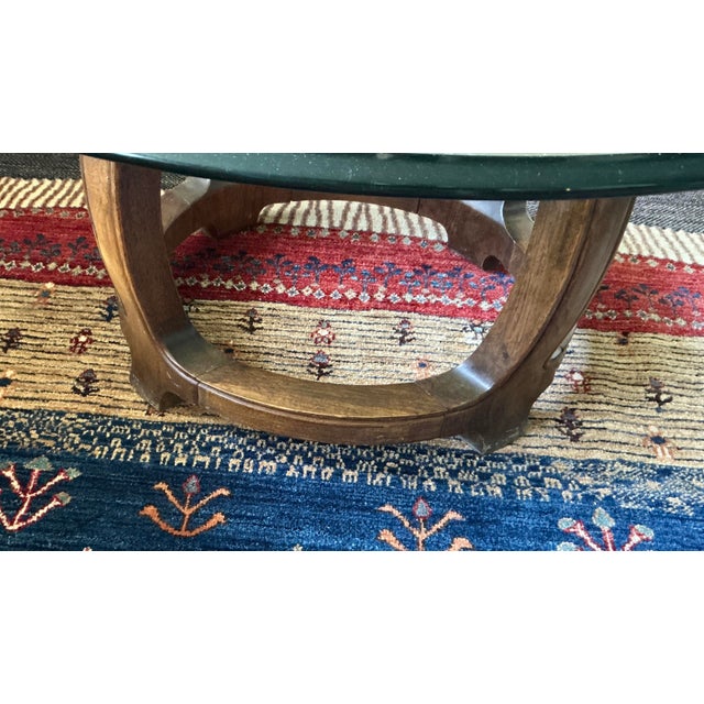 Thomasville VTG Thomasville Walnut Asian Round Glass Top Coffee Cocktail Table For Sale - Image 4 of 4